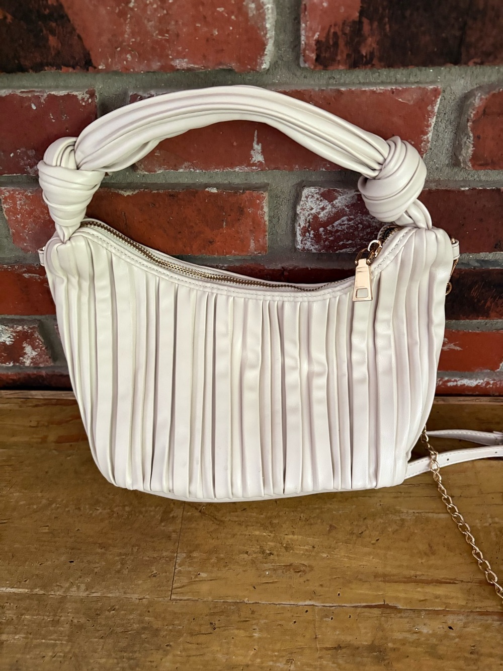 Urban Expressions Pleated Baquette Cream Faux Leather Bag w/ Shoulder Stap
